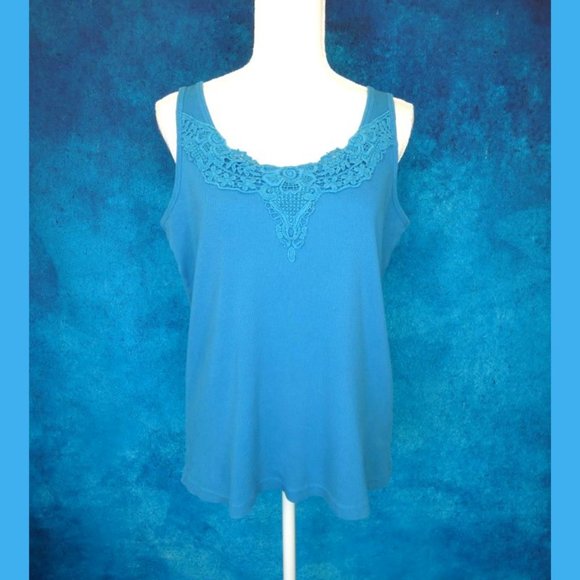 Lane Bryant Turquoise Ribbed Tank Lace Neck 14/16 - Picture 2 of 8
